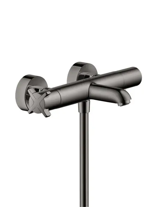 Wannenthermostat in mattschwarzem Chrom, wandmontiert, von AXOR. Es zeigt eine einfache, funktionale Form mit einem Wasserhahn und Steuerknopf.
